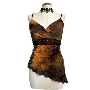 Vtg Y2K Sequin Embroidered Fairy Core Grunge Burnout Asymmetrical Boho Camisole